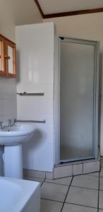 格拉斯科普全景别墅营地度假屋的一间带玻璃淋浴和水槽的浴室