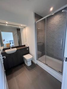 比索普顿Modern 2 Bedroom Flat in Quiet Village w/ Ensuite的带淋浴、卫生间和盥洗盆的浴室