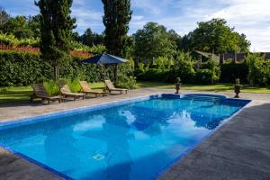 洛萨达Casa de Juste的蓝色游泳池配有椅子和遮阳伞