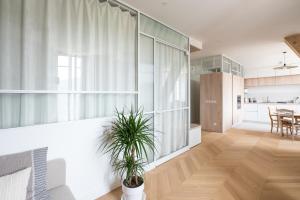 艾克斯莱班Les Suites du Bernascon - Appartement 4 étoiles的厨房以及带盆栽植物的客厅