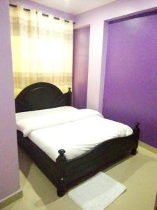 坎帕拉Suzie hotel 15 rubaga road , old Kampala的一间卧室配有一张紫色墙壁的床