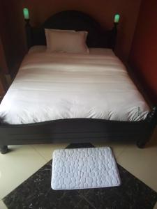 坎帕拉Suzie hotel 15 rubaga road , old Kampala的一张黑色床架和白色床罩