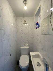 亨顿Queen's Cottage的白色的浴室设有卫生间和水槽。