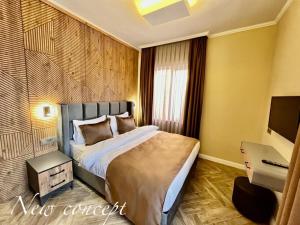 EdremitMiro Mara Boutique Hotel & Lounge Bar的配有一张床和一张书桌的酒店客房