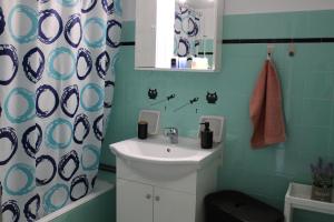 雅典Mona Hause的一间带水槽和淋浴帘的浴室