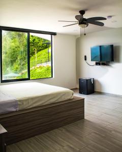 马尼萨莱斯Zoi Eco Hotel的一间卧室配有一张大床和一台平面电视