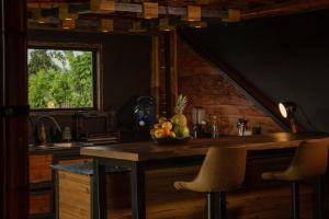 CaicedoniaBooHouse - A Wild Cabin in Colombia的厨房里有一个柜台,上面放着一碗水果