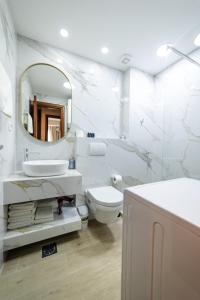 波德戈里察Apartments 28的一间带水槽、卫生间和镜子的浴室