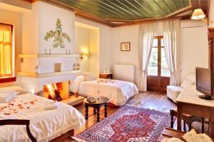 科尼察科尼特萨高山酒店的客厅设有两张床和壁炉
