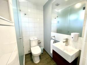 圣地亚哥Olea's Home Las Condes的一间带卫生间、水槽和镜子的浴室