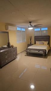 莱维顿Encanto Caribeño en Levittown Lakes Puerto Rico的一间卧室配有一张床、梳妆台和镜子