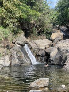 PadinjaratharaWetlands Wayanad Resort with Natural Waterfalls的在瀑布河流中游泳的人