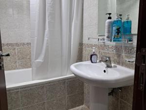 阿布扎比Top House Hostel的浴室配有水槽和带浴缸的淋浴