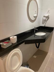 圣保罗Hotel Max Tatuapé的一间带卫生间、水槽和镜子的浴室