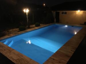 波什格伦Just Like Home Bed & Spa Porsgrunn的游泳池在晚上点亮