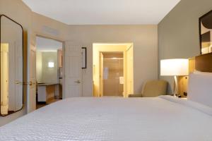 塔拉哈西塔拉哈西I-10东驻桥套房酒店的卧室配有一张白色大床和一把椅子