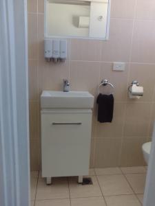 福斯特福斯特和瓦利斯湖汽车旅馆的浴室设有白色水槽和镜子