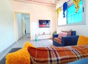 洛美Chic Appart Climatisé Wifi 1er Etage的客厅配有蓝色的沙发和电视