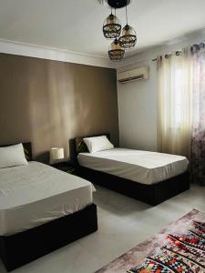 亚历山大Be my guest Apt/kafr abdo的一间卧室设有两张床、一个窗户和一个地毯。