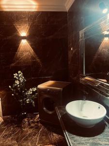 亚历山大Be my guest Apt/kafr abdo的黑色浴室设有水槽和镜子