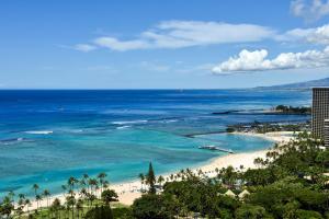 檀香山Ka Laʻi Waikiki Beach, LXR Hotels & Resorts的享有棕榈树海滩和大海的景色