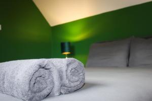 CorrofinRiverside Cottage in the Burren的一间卧室配有一张带绿色墙壁的床