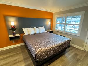 蒙特雷帕德里奥克斯酒店的一间卧室配有一张带橙色墙壁和窗户的床