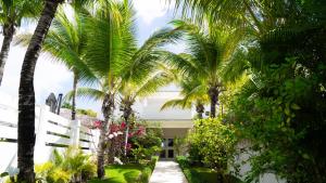 蓬塔卡纳Boutique Hotel Las Flores Punta Cana的棕榈树和白色围栏的房子