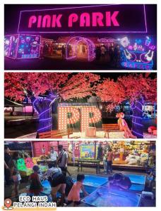 乌鲁地南ECOHAUs AeonTebrau/Pool/Netflix/Karaoke/Gaming的两幅粉红色公园的照片,里面的人