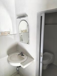 罗威那娜湾海滨别墅酒店的白色的浴室设有水槽和卫生间。