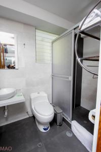 库斯科Latinos House Cusco的浴室配有卫生间、盥洗盆和淋浴。