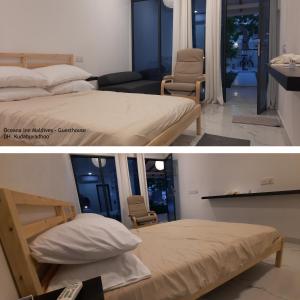 科卢马杜卢Oceana Inn Maldives的一张床位和客厅卧室的两张照片