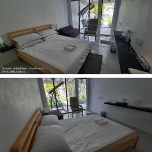 科卢马杜卢Oceana Inn Maldives的一张床位和客厅卧室的两张照片