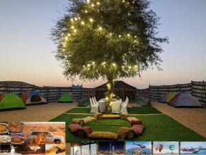 迪拜Enjoy The Leisure of Overnight Campsite in Dubai Desert Safari With Complementary Pick up的树上挂着灯,有帐篷