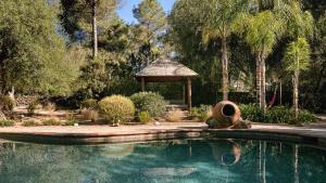 圣埃乌拉利亚La Finca Agroturismo Can Bet的花园内的游泳池,带凉亭