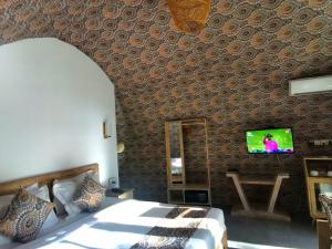 锡吉里亚NIVADOO RESORT SIGIRIYA的一间卧室配有一张床,墙上配有电视