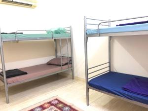 马斯喀特Heritage Hostel Muscat的配有2张双层床的宿舍间设有地毯。