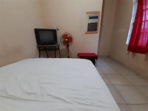 名古屋SPOT ON 93776 Intan Homestay的卧室配有白色的床和电视。