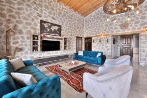 卡斯Villa Beylerbeyi 1的客厅配有蓝色的家具和石墙