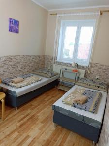 什图罗沃Abturist penzion的客房设有两张床、一张桌子和两个窗户。