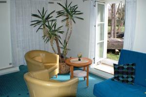 勒赫德Fewo Fischotter的客厅配有椅子和桌子,并种植了棕榈树