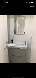 斯坎讷堡Small cosy appartment的浴室设有白色水槽和镜子