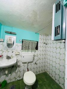 加德满都Heranya Hostel的一间带卫生间和水槽的浴室