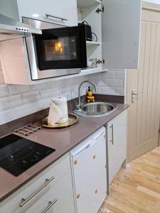 伦敦SureBillionaire Home Deluxe Queen Studio的厨房配有水槽和微波炉
