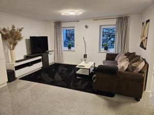 AlfterCharmante und stilvolle Wohnung的带沙发和电视的客厅