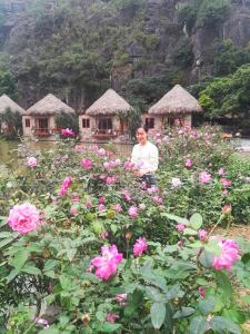 Xuân SơnHang Mua Eco Garden的身处花田的女性,有小屋背景