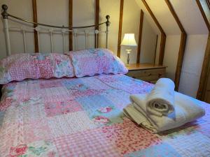 卡马森Barn Owl Cottage, The Welsh Reindeer Retreat, Ystradfach Farm , Llandyfaelog, Carmarthen , SA17 5NY的床上有被子和毛巾