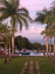 阿拉亚尔达茹达Casa Grande São Vicente的棕榈树和游泳池度假村