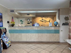 沃尔顿堡滩Hole Inn the Wall Hotel - Fort Walton Beach - Sunset Plaza - nearby Beaches & Hurlburt的墙上有鲨鱼的商店