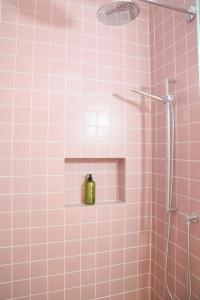 莱尔莫斯Lermooser的粉红色的浴室,配有绿色容器和淋浴